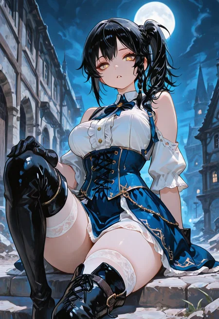 masterpiece, best quality, amazing quality, very aesthetic, absurdres, newest, usnr, in the style of cksc,
1girl, solo
black hair, yellow eyes, blue corset, white shirt, blue dress, boots, thigh boots, thighhighs, white thighhighs, corset, dress, aradia (night of revenge), night of revenge, breasts, side braid, side ponytail, bare shoulders, braid, center frills, gloves, layered clothes, parted lips, black pupils,