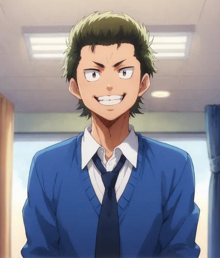 score_9, score_8_up, score_7_up, <lora:Kuramochi:0.8>, 1boy, solo, Kuramochi Yoichi, green hair, collared shirt, blue sweater, necktie, sanpaku, :D, smile, teeth, indoors, male focus, looking at viewer, short hair,