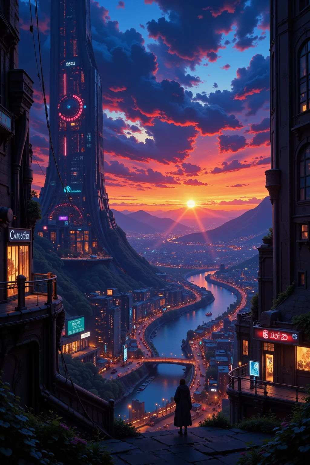 a futuristic sci-fi fantastic cyberpunk city beautiful landscape, dusk, woman, very intricate, very detailed, sharp, bright, colorful, <lora:Hand v2:0.5> <lora:Anti-Blur:1><lora:Insane Detail Slider:0.25> <lora:flux.1_lora_flyway_Epic-detail_v2:0.3> <lora:fluxenhancer:0.25> <lora:Anime_style:0.6> anime style