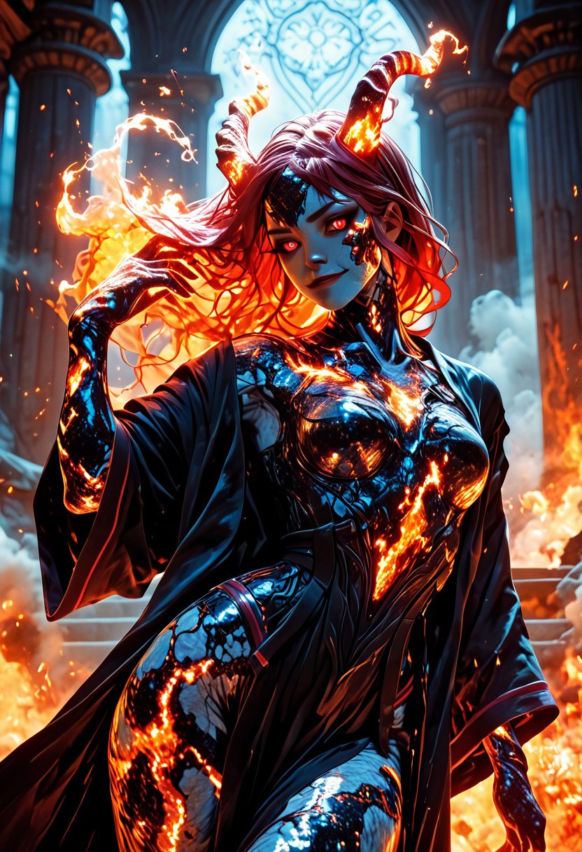 highres, very detailed, amazing quality, masterpiece,
very aesthetic, warm lighting, sp4ce-g0dd3ss,
particle effect,
1girl, beautiful eyes, goddess, goddess of fire, lava skin, burning, smoldering, flaming horns, strong face, solo, red hair, orange tips, long hair, wavy hair, (wind blows hair up), glowing eyes, red eyes, smoke rising from eyes, small breasts, slender, robe, black robe with red trim,
temple, mountain
slavic theme, goddess theme, fire theme,
looking at viewer, standing flirty, dynamic pose, cowboy shot, 
seducing, seductive, flirty, tender, loving, playful, cocky smirk, cocky,
fire around her