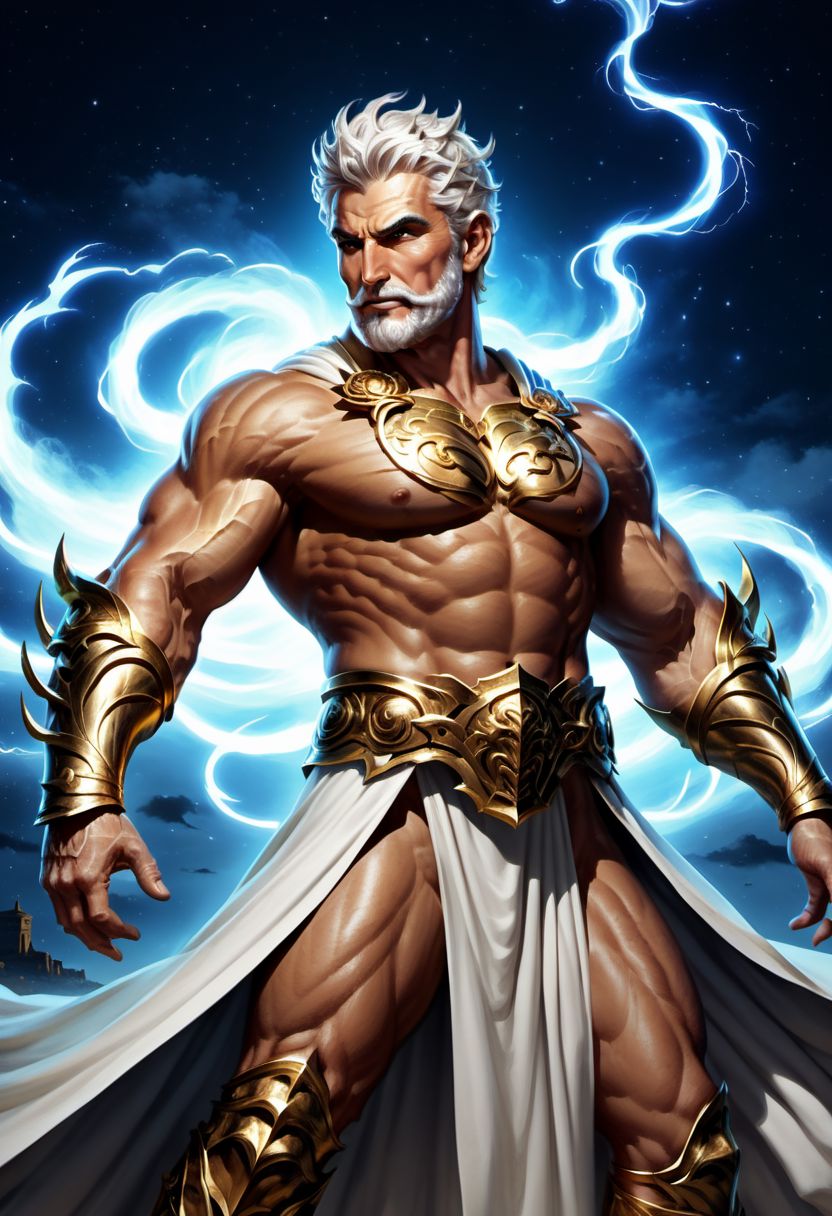 4k, digital art, semi realistic, fantasy, best quality, masterpiece, very detailed, dynamic angle, dynamic pose, seen from the side, pov from the side, portrait of a male bodybuilder, huge bodybuilder, mature, massive arms, huge pectorals, short hair, white hair, white beard, long beard, handsome, big nose, big eyes, anime eyes, greek god, wearing a greek tunic, ancient greece, fighting, holding a golden thunder, surrounded by thunder, night sky on the background (cinematic light, volumetric),