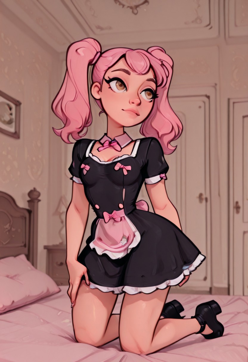solo, 1girl(femboy, pink hair, dual ponytails, hazel eyes, small breasts, standing), Dynamic angle, Dynamic pose, NSFW, smoove, maid dress, pink bow, frills, short sleeves, ((kneeling)) next to a large bed frame most of which is out of view