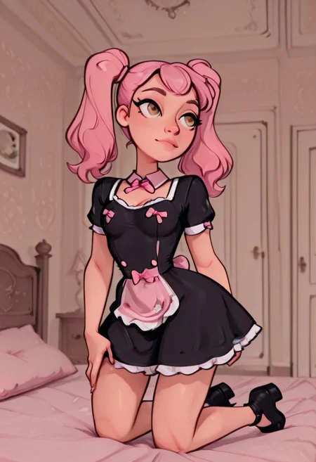 solo, 1girl(femboy, pink hair, dual ponytails, hazel eyes, small breasts, standing), Dynamic angle, Dynamic pose, NSFW, smoove, maid dress, pink bow, frills, short sleeves, ((kneeling)) next to a large bed frame most of which is out of view