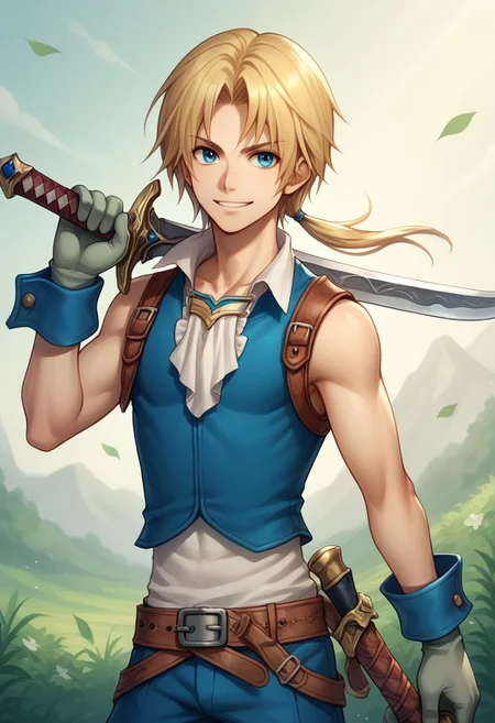 score_9, score_8_up, score_7_up, source_anime, highly detailed, 1boy, solo, skinny,
zidane, 1boy, blonde hair, medium hair, monkey tail, low ponytail, parted bangs, weapon, male focus, solo, gloves, knife, dagger, sword, blue eyes, holding, dual wielding, smile, upper body,
outdoor,