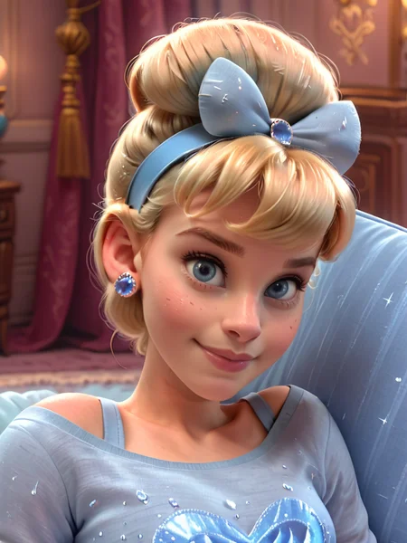 casual outfit, cinderella, A close-up portrait of a girl with blue eyes and blonde hair, wearing a light blue top with a sparkly design, 1girl, solo, looking at viewer, blush, smile, shirt, hair ornament, bare shoulders, jewelry, medium breasts, upper body, earrings, indoors, hair bow, lips, headband, pillow, freckles, realistic, nose,   
<lora:princess_rc_il:0.9>
