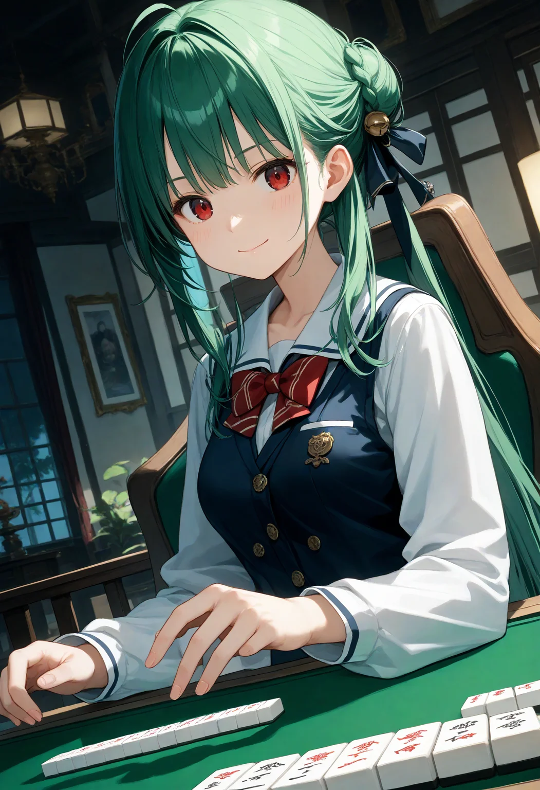 score_9, score_8_up, score_7_up , source_anime, masterpiece, best quality, perfect anatomy , very aesthetic , absurdres ,
1girl, school uniform, medium breasts, solo,<lora:mahjong_Pony_v1:0.9>
mahjong, mahjong tile, mahjong table, board game, playing games,holding mahjong tile,indoors, sitting, chair,
dutch angle, panorama shot, looking down,green hair, red eyes,closed mouth, hair bun hair, smile