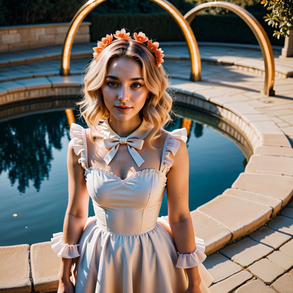 pov instagram style, full body, top down perspective, skinny beautiful woman that radiates both sophistication and warmth, holding camera for selfie, emerging from an ancient greek swimming pool, lily flowers floating in the water, long bleached-blonde hair down to hips, white neck ruffle collar,( frilly bow collar:1.5), short cropped gunnie sax mini dress, very high heels and thigh high tights, dark goth makeup,( she is surrounded by surrounded by a golden glowing aura halo:2.5), gorgeous summer day, dramatic pink and orange clouds, vintage nostalgic 70s nostalgic film feel,( 120mm medium format bokeh:1.5), color graded, stained, epic, sharp focus, film grain, subsurface scattering, low contrast, ring light model face,( hyper detailed face:2)
(phony but extremely beautiful:2)
<lora:add-detail-xl:2> <lora:xl_more_art-full_v1:0.5>