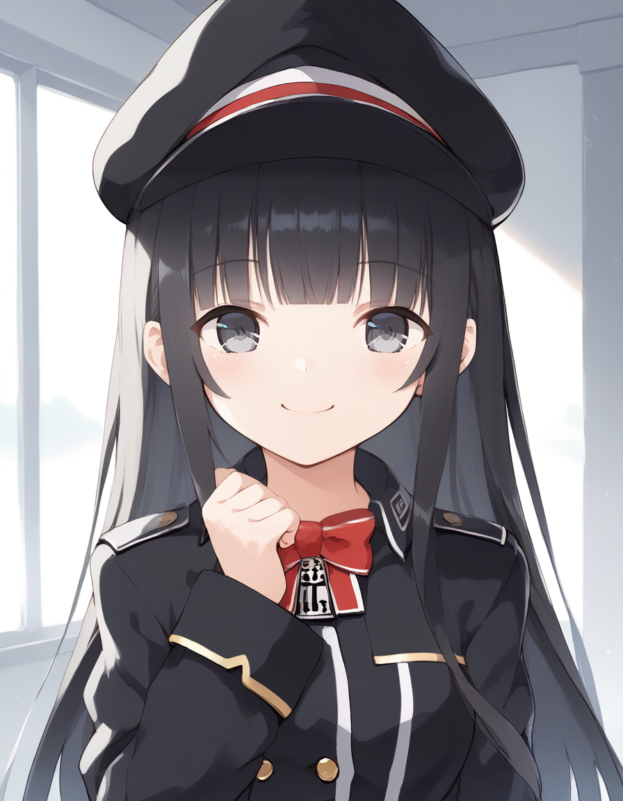<lora:AzlaZ1819_SDXL_pony_fp16_ver02:1>,AzlaZ19,hat,black hair, long hair,gray eyes,blunt bangs,long sleeves jacket,bowtie,,smile,portrait, score_9, score_8_up, score_7_up, BREAK source_anime, rating_questionable, best quality, masterpiece, uncensored,<lora:pony_good_hands:1>,good_hands ,[pony diffusion V6 is trained by PurpleSmartAI:100]