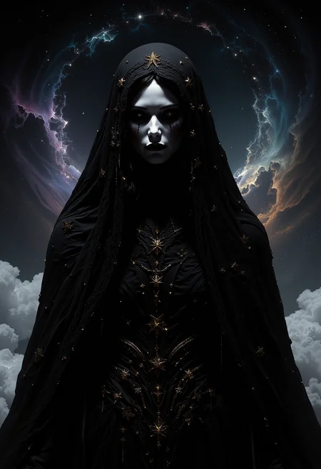 A mysterious female figure with pale white skin and no visible eyebrows. Her eyes are hidden behind a black lace veil adorned with gold stars of varying sizes. Her long, wavy black hair frames her face and falls down her shoulders. Her lips are full, painted a soft matte white. She is dressed in a layered, intricately detailed black gown decorated with tiny golden stars and delicate chains. The image captures her from the front, focusing on the upper half of her body. A vast, starry sky with swirling nebulas and distant galaxies. The background is filled with soft hues of deep blue, purple, and black, with stars glimmering faintly in the distance. The ethereal light from the stars softly illuminates the figure, adding a cosmic and otherworldly atmosphere. The scene feels endless and vast, as if the figure is standing in the middle of space. <lora:dark_fantasy_flux:0.83> <lora:FredFraiStyle-FLUX-Share:0.63> <lora:sxz-Dark-Fantasy-v2-Flux:0.33> drkfnts style, <lora:flux.1_lora_flyway_Epic-Characters_v1:0.33>