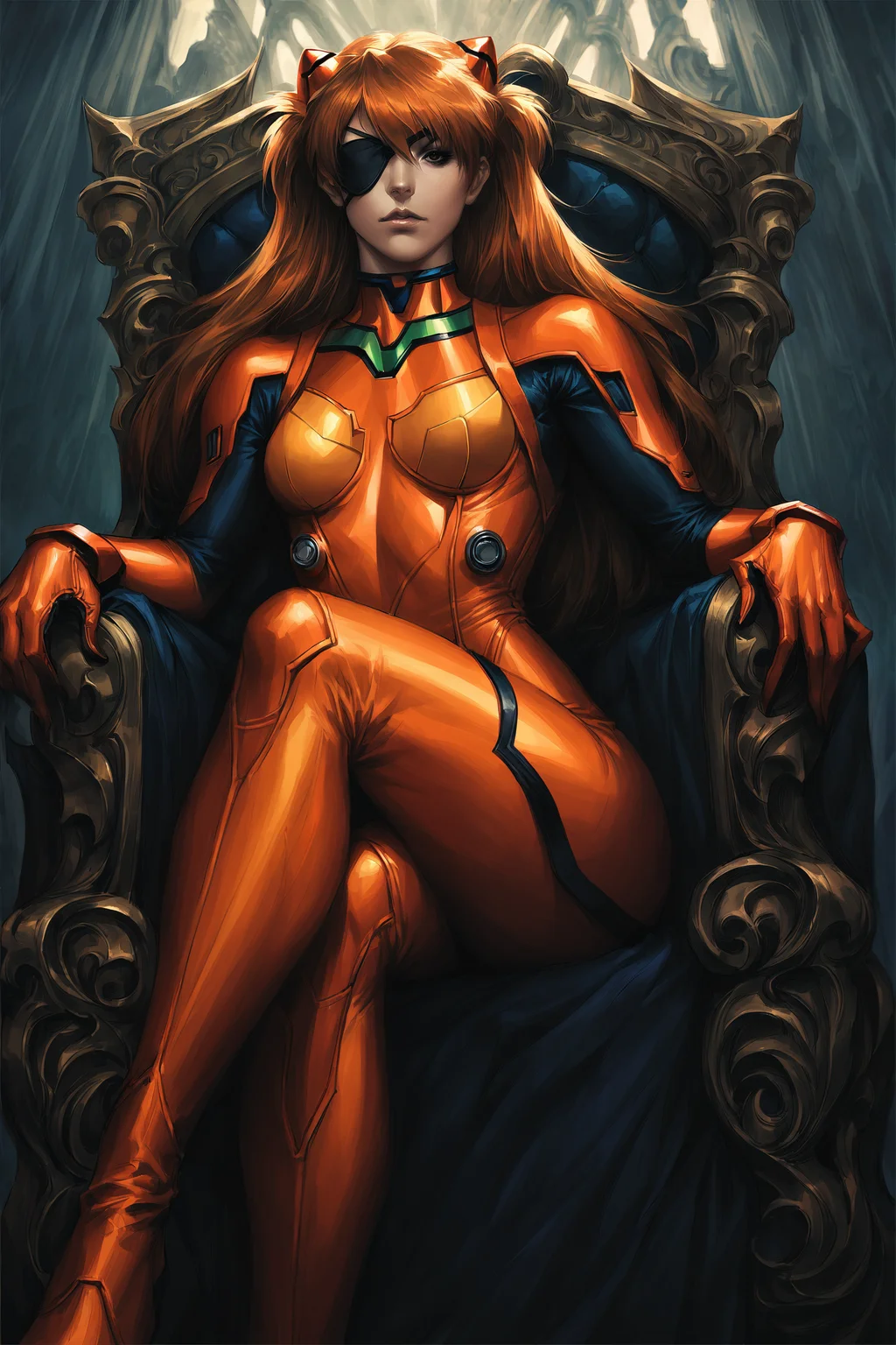 (masterpiece), (best quality), (intricate details, very aesthetic), highres, absurdres, good hands, 1girl, <lora:stanley_lau-animagine:1>, stanley_lau_style, realistic, souryuu asuka langley,bodysuit, orange bodysuit, sitting, throne, looking at viewer, serious, eyepatch, from below, crossed legs