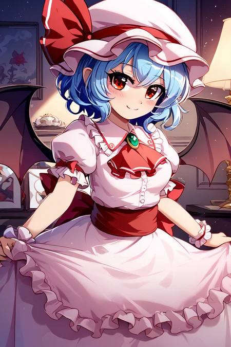 score_9, score_8_up, score_8, medium breasts, (curvy), cute, eyelashes, BREAK, , zzRemilia, red eyes, blue hair, short hair, hat, ribbon, pink dress, wings, ascot, hat ribbon, bat wings, short sleeves, frills, puffy sleeves, <lora:Remilia_Touhou_PDXL:0.7>, BREAK, smile, closed mouth, looking at viewer, cowboy shot, ,,, embedding:zPDXL, Expressiveh, ,,, <lora:Konpeto_PDXL_v3:1.0>, <lora:SDXLFaeTastic2400:0.5>, <lora:Expressive_H-000001:0.4>,