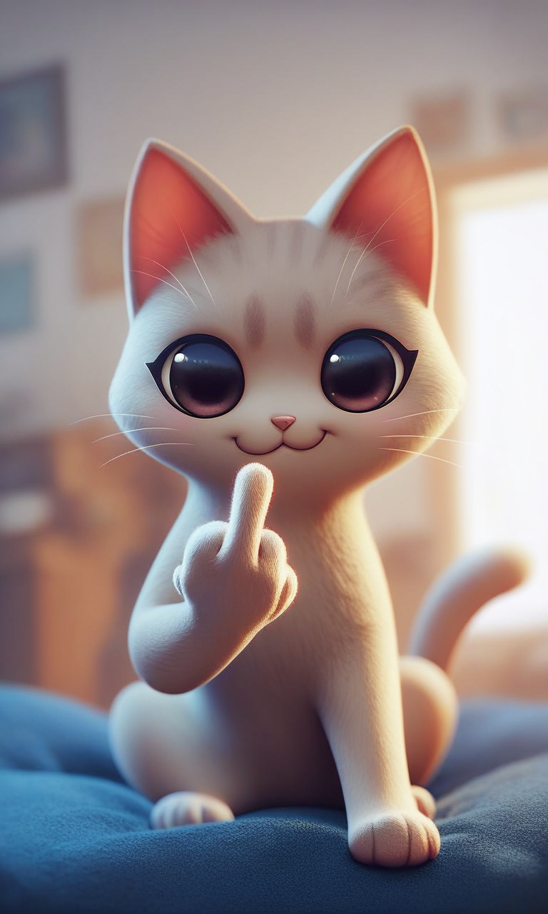 score_9, score_8_up, score_7_up, cute cat, sitting, room, looking at viewer, (middle finger), solo, no humans, blurry background, close-up, smile, cat paw