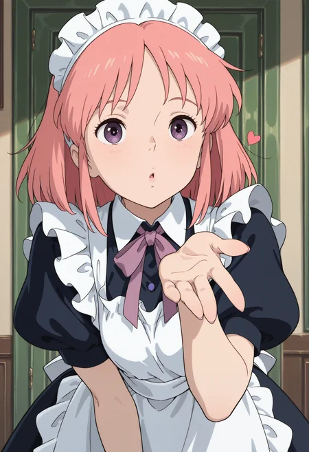 studio ghibli,civchan, 1girl, solo, purple eyes, pink hair,maid,blowing kiss,