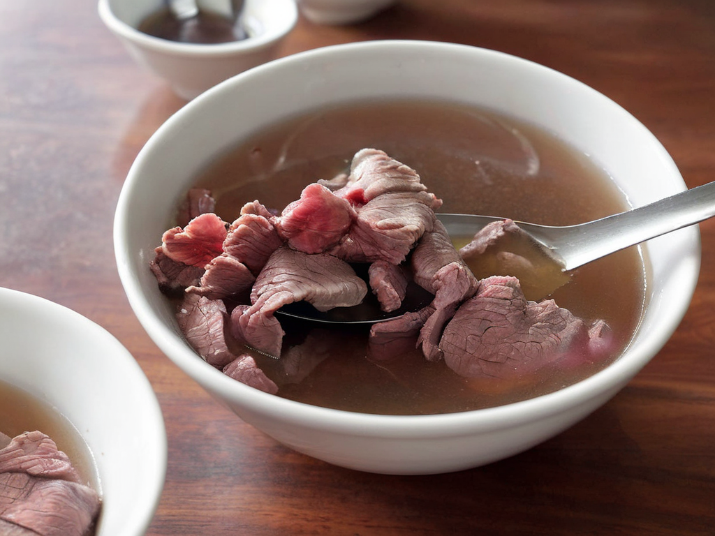 A high-resolution, hyper-realistic image of a bowl of Sweetbeefsoup. This traditional dish features a clear, sweet broth that is the star of the dish. The broth is simmered to perfection, with a hint of sweetness that tantalizes the taste buds. A subtle hint of pink is added to the broth, giving it a unique and appealing look. It's served in a traditional ceramic bowl, placed on a rustic wooden table. The scene is set in a cozy kitchen, with all elements in sharp focus, creating a clear and detailed image. The lighting should be warm and inviting, highlighting the appetizing qualities of the Sweetbeefsoup and the homely atmosphere of the setting, <lora:beefsoup:0.8>