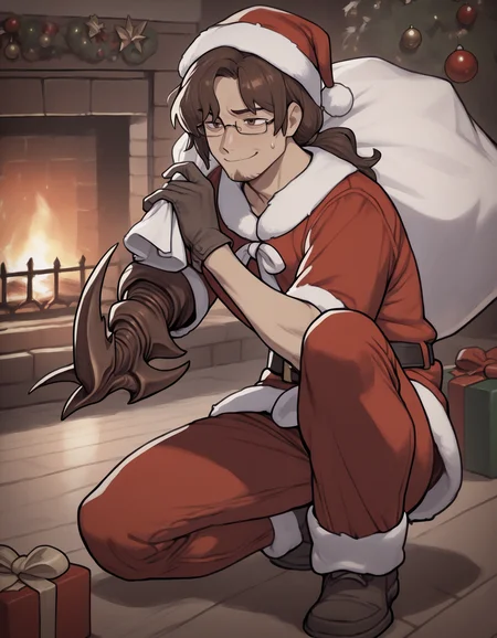 masterpiece, best quality, absurdres, very aesthetic, solo, 1boy, facial hair, long hair, low ponytail, brown hair, brown eyes, arthropod arm, glasses, christmas, christmas ornaments, santa costume, santa hat, smile, sweatdrop, fireplace, holding gift bag, full body, <lora:gregorlimbus-illu-byananas-v1:1>