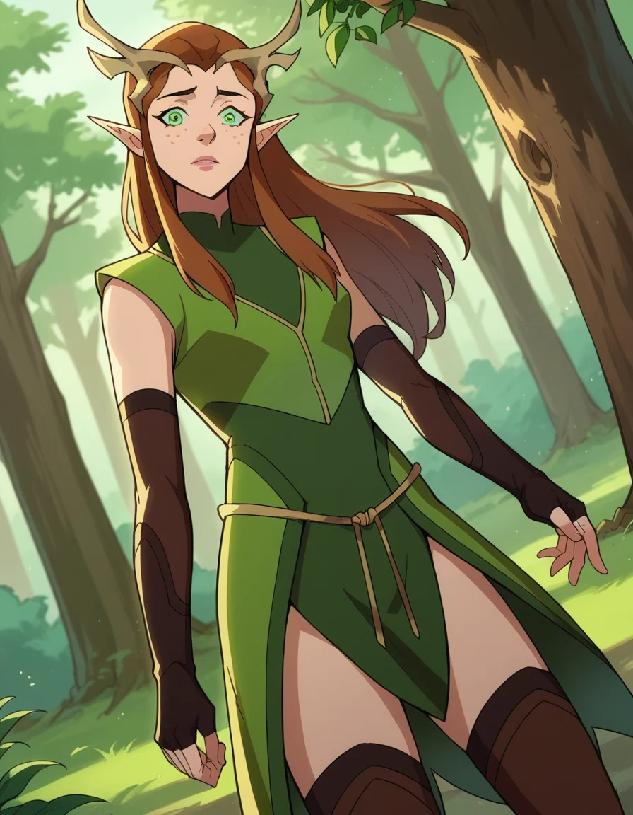 score_9, score_8_up, score_7_up, source_anime,
keyleth, <lora:keyleth-ponyxl-lora-nochekaiser:1>,
keyleth, long hair, brown hair, green eyes, pointy ears, elf, antlers, freckles,
thighhighs, gloves, boots, fingerless gloves, thigh boots, brown footwear, green dress,
outdoors, nature,
looking at viewer, dutch angle, cowboy shot,
