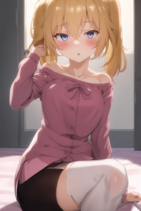 1girl, blonde hair, twintails, micro shorts,