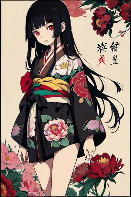 enma ai, hair down, hair black, bangs, eyes red, masterpiece, best quality, ultra-detailed, illustration, 1girl, solo, highres, photorealistic, ultra high res, (Original illustration composition), (fusion of limited color, Maximalism artstyle, kimono obi fashion, double exposure, background, illustration, Amazing, lily spider, night darkness, open one's mouth, flowers red, (polychromatic peony:1.15), Movie poster, ink Chinese