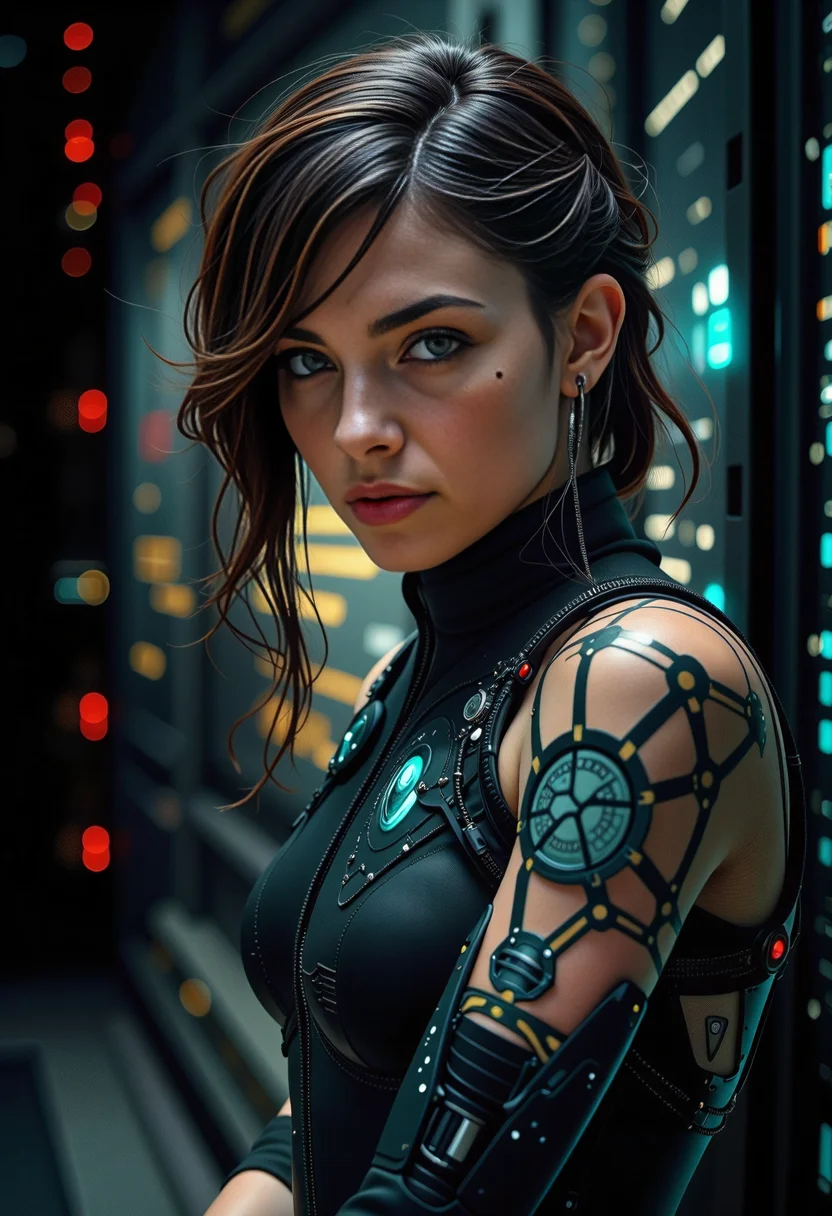 In the heart of a cyberpunk world, a cybernetic cyber threat analyst, a young Jewish woman with cybernetic implants, works diligently within a stealthy spy network operations center. Her appearance is a fusion of sculptural beauty and cutting-edge technology, adorned in futuristic geometric patterns. She dons a neural interface tech-suit, enabling seamless integration with the complex systems that surround her, her augments augmenting her capabilities and ensuring her effectiveness in the high-stakes realm of digital espionage. The scene, rendered in the distinct style of Tsutomu Nihei, captures the essence of a world where the lines between human and machine blur, and the fate of nations hinges on the skills of operatives like her. <lora:scifi/fluxAugments_v2> <lora:flux/aidmaImageUpgrader-FLUX-V0.2>, aidmaimageupgrader, <lora:Magic of Art 2 (FLUX)>, Cinematic style, Beauty, Realism, Photorealism, Chiaroscuro, High quality, <lora:flux/Sinfully_Stylish_.02_for_FLUX-000002:0.8>,