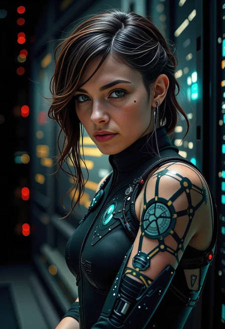 In the heart of a cyberpunk world, a cybernetic cyber threat analyst, a young Jewish woman with cybernetic implants, works diligently within a stealthy spy network operations center. Her appearance is a fusion of sculptural beauty and cutting-edge technology, adorned in futuristic geometric patterns. She dons a neural interface tech-suit, enabling seamless integration with the complex systems that surround her, her augments augmenting her capabilities and ensuring her effectiveness in the high-stakes realm of digital espionage. The scene, rendered in the distinct style of Tsutomu Nihei, captures the essence of a world where the lines between human and machine blur, and the fate of nations hinges on the skills of operatives like her. <lora:scifi/fluxAugments_v2> <lora:flux/aidmaImageUpgrader-FLUX-V0.2>, aidmaimageupgrader, <lora:Magic of Art 2 (FLUX)>, Cinematic style, Beauty, Realism, Photorealism, Chiaroscuro, High quality, <lora:flux/Sinfully_Stylish_.02_for_FLUX-000002:0.8>,