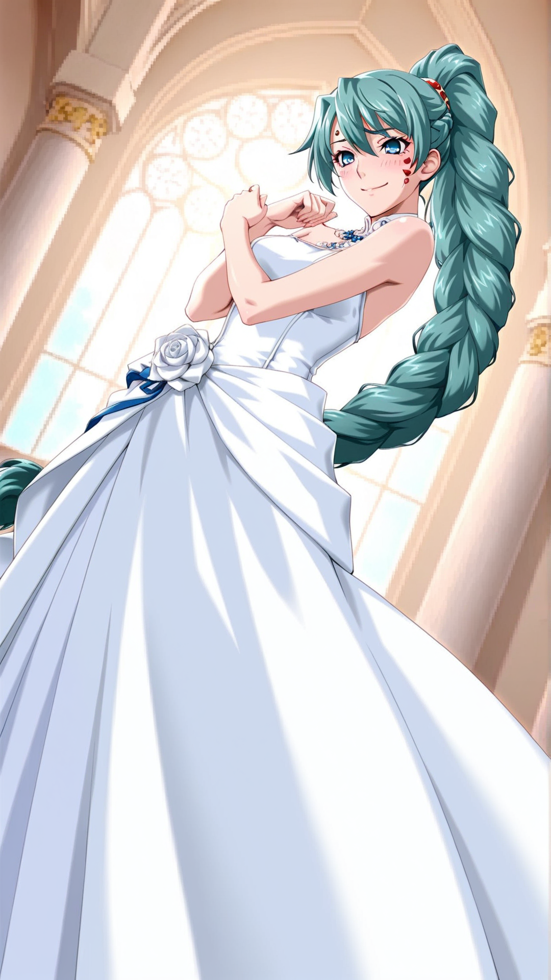 source_anime, general, best quality, masterpiece, 1girl,  <lora:Fu-Lu_Mu-Lu_ill_v1.0:1> fu-lu_mu-lu\(srw\),green hair , blue eyes, facial mark,braid, very long hair, braided ponytail,single braid, wedding dress,chapel,dynamic pose, dutch angle, embarrassed, happy,