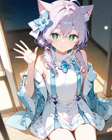 (artist:fujieda_uzuki:1.1),(artist:ikeuchi_tanuma:0.8),(artist:hiten_(hitenkei):0.7),(artist:nana_kagura:0.9),(artist:kani_biimu:0.5),(artist:noyu_(noyu23386566):0.8),(artist:saki_(saki_paint):0.6), (artist:sironora:0.9),(artist:henreader:0.6),masterpiece, best quality, good quality,
(1girl:1.2), solo, <lora:FesSaltIllustTest0.0.1 EA 4LR16EP:1>, salt\(maimai\), thick eyebrows, ahoge, hair between eyes, light smile, relaxed, raised eyebrows, low twintails,
cat ears, animal ear fluff, green eyes, (bright pupils:1.2), grey purple hair, hair ornament, hair ribbon, small breasts, high collar, lower buns, looking at viewer, both hand waving,
light particles, bloom, depth of field, masterpiece, best quality, good quality, newest, highres, absurdres, thin thighs, illustration, cowboy shot, sitting,
<lora:HandFixer_pdxl_Incrs_v1:0.6>,<lora:delicate:1>,<lora:ai_styles_collection_noob_vpred-1.0-v4.02:0.7> ,