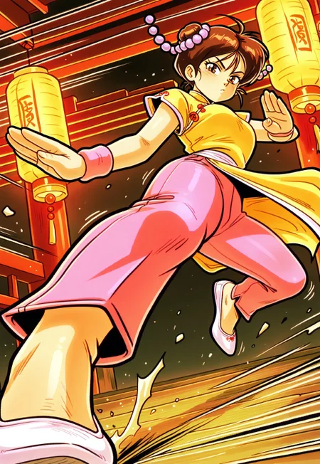 masterpiece, best quality, amazing quality, very aesthetic, absurdres, newest,larffl3,1girl, double bun, hair pearls, short brown hair, yellow china dress, single pink wristband brown eyes, pink pants, white pumps, action pose, close up, looking at viewer, kung fu