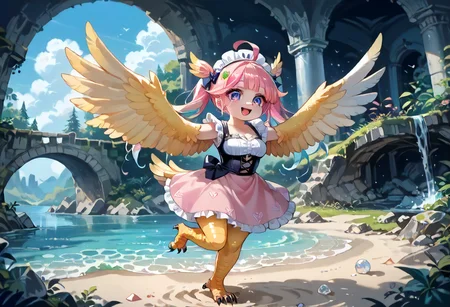 best resolution,score_9,score_8_up,score_7_up,score_6_up,score_8,score_7,score_6,best quality,masterpiece,source_anime,fantasy,beach background,1girl,solo,kawaii,cute,chibi,1girl, winged arms, harpy,medium breasts, pink dress, indoors, castle,expressiveh,happy,smile,detailed eyes, <lora:InflationXL_063-NoReg-epoch-08:0.25> <lora:Expressive_H:0.6> <lora:detail_eyes:0.5> <lora:winged_arm_style:0.8>