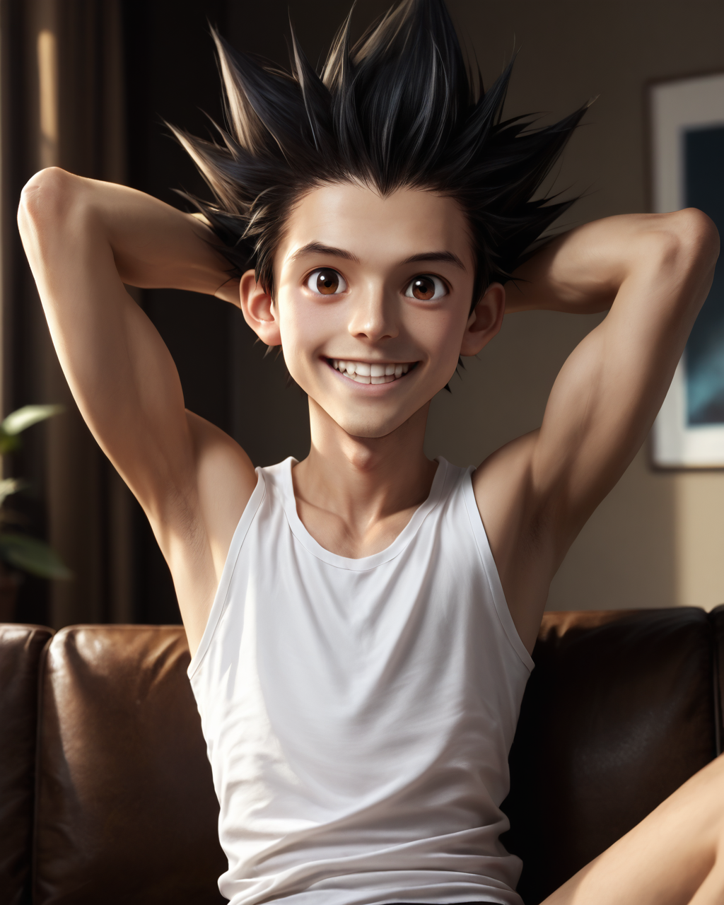 score_9, score_8_up, score_7_up, intricate details, rating_questionable,
<lora:homri52:1>
,
<lora:Gon_Freecss_Pony:0.8>, 1boy(gon, spiked hair, black hair, brown eyes, looking at the viewer, solo, happy, 
cowboy shot, sitting on a sofa, leaned back, arms raised, hands behind head, typical clothing), comfy living room, at night, dark room, low light,
4k,
detailed background, depth of field, 
<lora:ral-chrosc-clr:0.5>, ral-chrosc-clr,
<lora:Expressive_H:0.5>, Expressiveh,
<lora:xl_more_art-full_v1:0.3>,
<lora:add-detail-xl:0.3>,