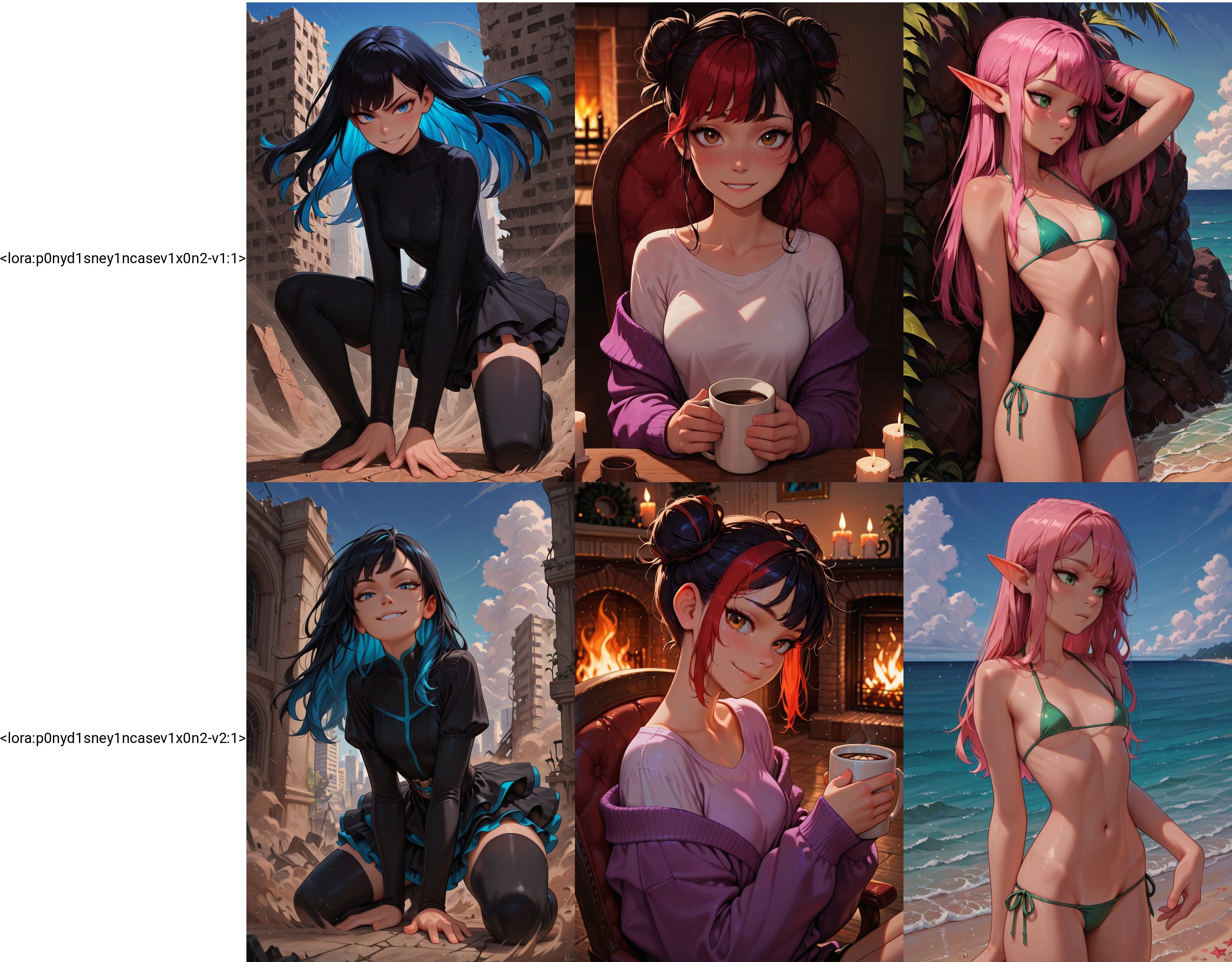 "masterpiece, best quality, amazing quality, p0nyd1sney1ncasev1x0n2, 1girl, 25 years old, perfect face,
multicolored hair, long hair, black hair, blue hair,
blue eyes,
black dress, layered dress,
black thighhighs,
superhero landing, on one knee, hand on ground, wind, floating hair, ruins, city, sky, looking at viewer, smirk, smug, dust,
park,​​​","masterpiece, best quality, amazing quality, p0nyd1sney1ncasev1x0n2, 1girl, 25 years old, perfect face,
brown eyes, 
multicolored hair, black hair, red hair, hair bun, double bun, messy hair, 
white shirt, 
purple cardigan, off shoulder, 
coffee, coffee mug, holding cup, 
fireplace, sitting, on chair, candle, 
looking at viewer, shy smile,","masterpiece, best quality, amazing quality, p0nyd1sney1ncasev1x0n2, 1girl, 25 years old, perfect face,
green eyes,
slim, small breasts, kawaii,
long hair, pink hair,
elf, pointy ears,
micro bikini, green bikini, lowleg bikini, side-tie bikini bottom, 
outdoors, beach, ocean, day, cowboy shot,"