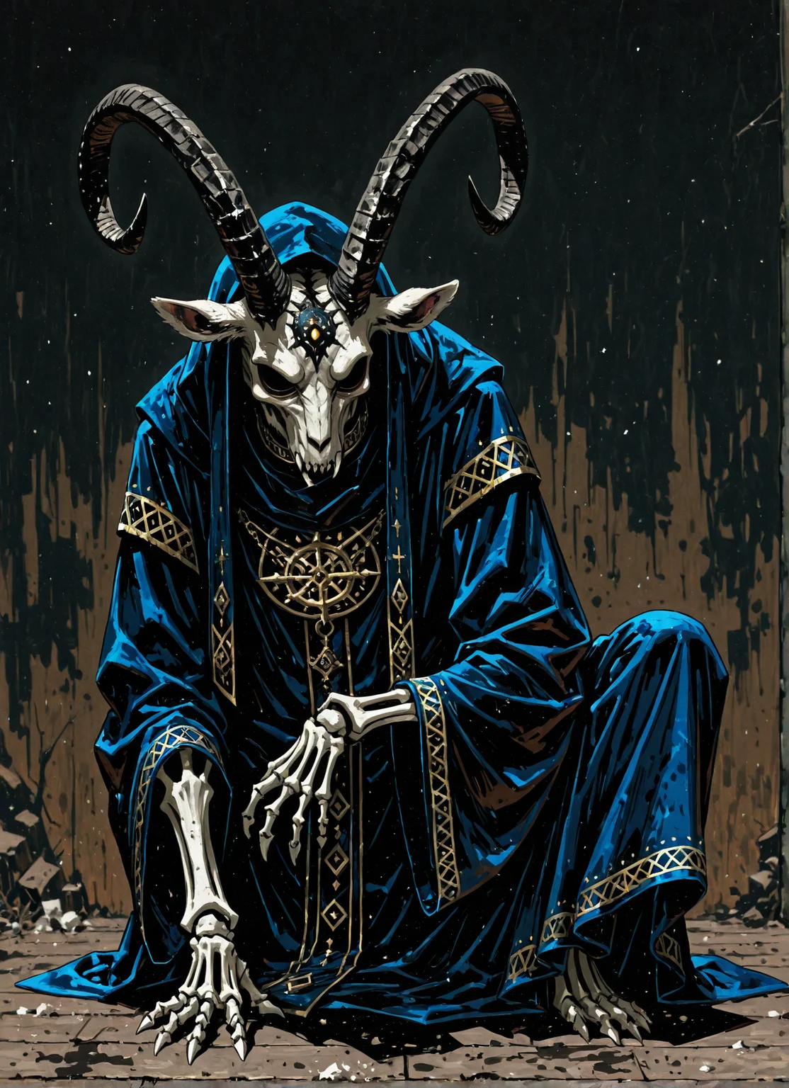 GoatWizard, painting, painting of a horned white anthropomorphic goat with dark curled ram's horns and an elegantly embroidered dark blue robe, subtle chromatic aberration, dressed like a shadow cleric, layered oil painting, custom artisanal painting by Prog420ress, Catholicpunk, vector art, aesthetically pleasing painting, full humanoid body portrait, solo, solo portrait in oil, oil painting on canvas, canvas medium, painting on canvas with a wood frame, intricately detailed wood frame, hand carved frame, ketch on canvas painted over in oil on a stretched canvas with a hand carved wooden frame, extreme angle 3rd party perspective, smeared crosshatch shading, low contrast, meant to invoke feelings of resentful cruelty and repressed rage, furry, white male anthro goat, detailed dirty disheveled white fur, dark theme, dim lighting, black blue gradient with white and gold accents, dark abstract background, dark room, black background, silhouette, backlighting , BREAK
painting of an anthropomorphic bipedal artiodactyls goat wizard, furry style, (an anthropomorphic white skeletal goat:1.4), inhuman, upright standing bipedal artiodactyls goat, long goat snout, elongated skeletal face, hooves as hands, cloven hooves, hooves as feet, cloven hooves, artiodactyls goat limbs, anthropomorphized goat, intelligent goat wizard, dark wizard, dark magic-user, magic-user anthro goat, Wizard Goat, GoatWizard, oil painting illustration in dark menacing colors, quasi-realistic manga-style color painting, (depth of field:1.6), old worn blotter paper, tattered canvas blotter paper stretched across a wood frame, black navy blue gradient with white gold accents, ink wash painting, art nouveau, artgerm, Forgotten Realms art style, interpretive dynamic action pose abuse, action-oriented posture, in motion, dust particles, undead goat influences, white skeletal goat wizard, blue gold white black limited color palette, dadaism, menacing, scary anthropomorphic bipedal artiodactyls goat wizard, cloven goat hooves, mucha style, artgerm mucha, artgerm portrait, set in an alternate dimension, (white goat furry:1.1), BREAK
GoatWizard, humanoid male with mostly goat-like features and skeletal structure, masculine, powerful, filthy, rugged, grungy, dirty white goat, sunken recessed black eye sockets, white skeletal anthro goat, dewclaws and soft tissue pads, allows them to effectively navigate diverse terrains. male anthropomorphic goat wizard chewing a discarded gray WWI-style tin can, (long wizard robe, shadow cleric's robes, long draping sleeves, tapered wizard sleeves:1.2), intricate gold stitching, highly detailed elaborate robe stitching, gold stitching along sleeves, gold sleeve stitching, black choker collar, goat collar, spiked goat choker, dirty white fur, mysterious slender anthropomorphic goat partially hidden in shadows, thin boney goat facial features, prominent furrowed white skeletal goat brow, (massive dark skeletal goat horns:1.4), (goat cloven hooves, furry artiodactyls goat legs, dirty disheveled white goat fur:1.1), (elongated skeletal goat jaw:1.2), (strong square jaw line), gnashing goat teeth, (chewing:1.4), arcane dark arts spell-caster, dark magic user, occultist, occultist wizard goat, godlike powers, deity, able to bend both time and space with a simple cloven hoof movement, ambitious, greedy, malevolent, long dark robes that conceal most of its goat body, dark robes with intricate gold stitching, dark hooded robes, oversized hood, large hood worn down, dark skeletal goat horns, omnipresent yet isolated, lonely dark goat god, unlimited power, dark wizard goat, chaotic, dangerous, dark goat deity, skeletal immortal anthropomorphic goat wizard, the Wizard GOAT <lora:NoctAbstractConcept:-0.4> <lora:Wizardry_-_limited_palette_v1.15:0.6>
<lora:dark_v1.9-pony:0.8>âââ <lora:manga:0.6> <lora:OilPaintingILL:0.6>âââ