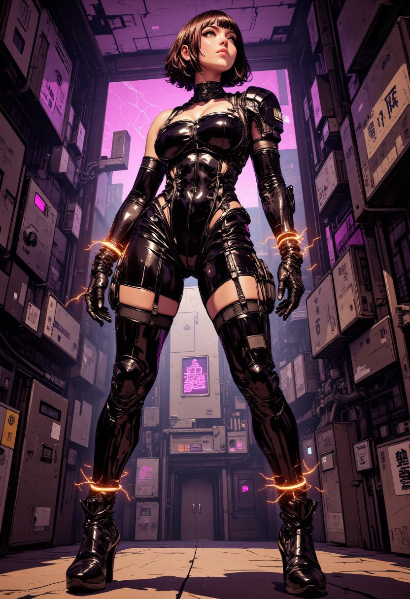 score_9, score_8_up, score_7_up, (censorship:0.1), (Fantasy woman).
(cyberpunk neon dominatrix enforcer femme fatale:1.6), (tall and commanding presence, exuding raw power and sexual dominance:1.6),  
(black latex bodysuit clinging tightly to every curve, high-gloss finish:1.6),  
(neon-purple circuit lines pulsing across bodysuit, emitting soft glow:1.5),  
(high-cut sides revealing garter straps connected to armored knee-high boots:1.6),  
(boots with reinforced shock-absorbing tech in the heels, glowing accents:1.5),  
(gleaming chrome choker with voice modulator built-in:1.5),  
(piercing violet cybernetic eyes scanning environment, iris data pulses:1.5),  
(high-voltage energy whip crackling with arcs, coiled like serpent around wrist:1.6),  
(long, shadow-casting pose, dominating her surroundings in neon-lit alley or security chamber:1.5),  
(cinematic backlight, soft ambient fog, whip sparks reflecting off wet floor:1.5),  
(highly detailed latex, glowing circuits, electric FX lighting:1.5), (4K), (full-length), (beautiful face)