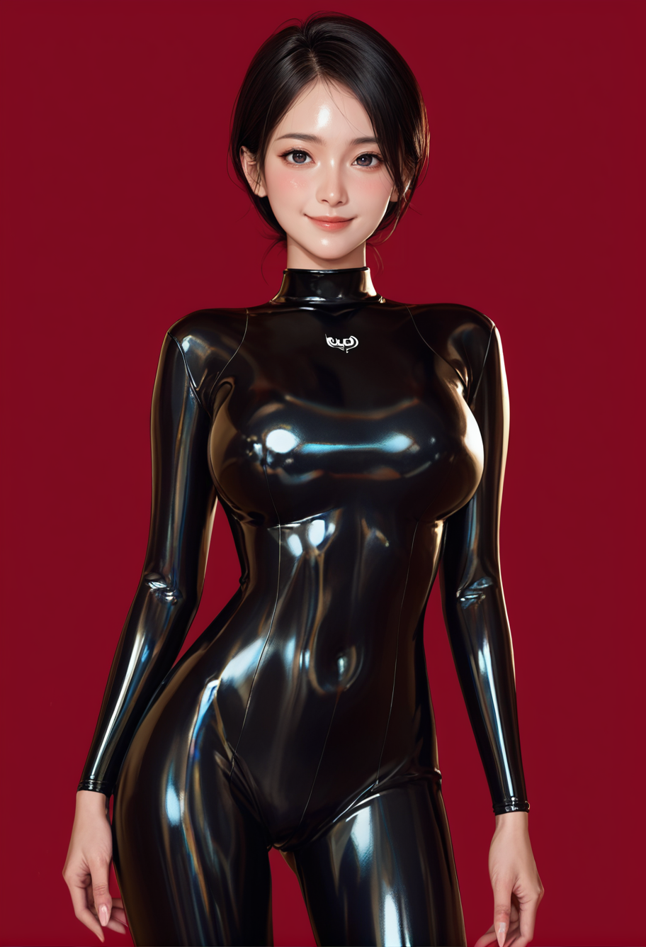 1girl,cowboy shot,red background,,ruanyi1046,black bodysuit,shiny clothes,skin tight,<lora:1046 black bodysuit_v1_pony:1>, score_9, score_8_up, score_7_up, score_6_up, score_9, score_8_up, score_7_up, score_6_up source_anime, blush, 1girl, seduce smile, perfect body , natural huge breasts