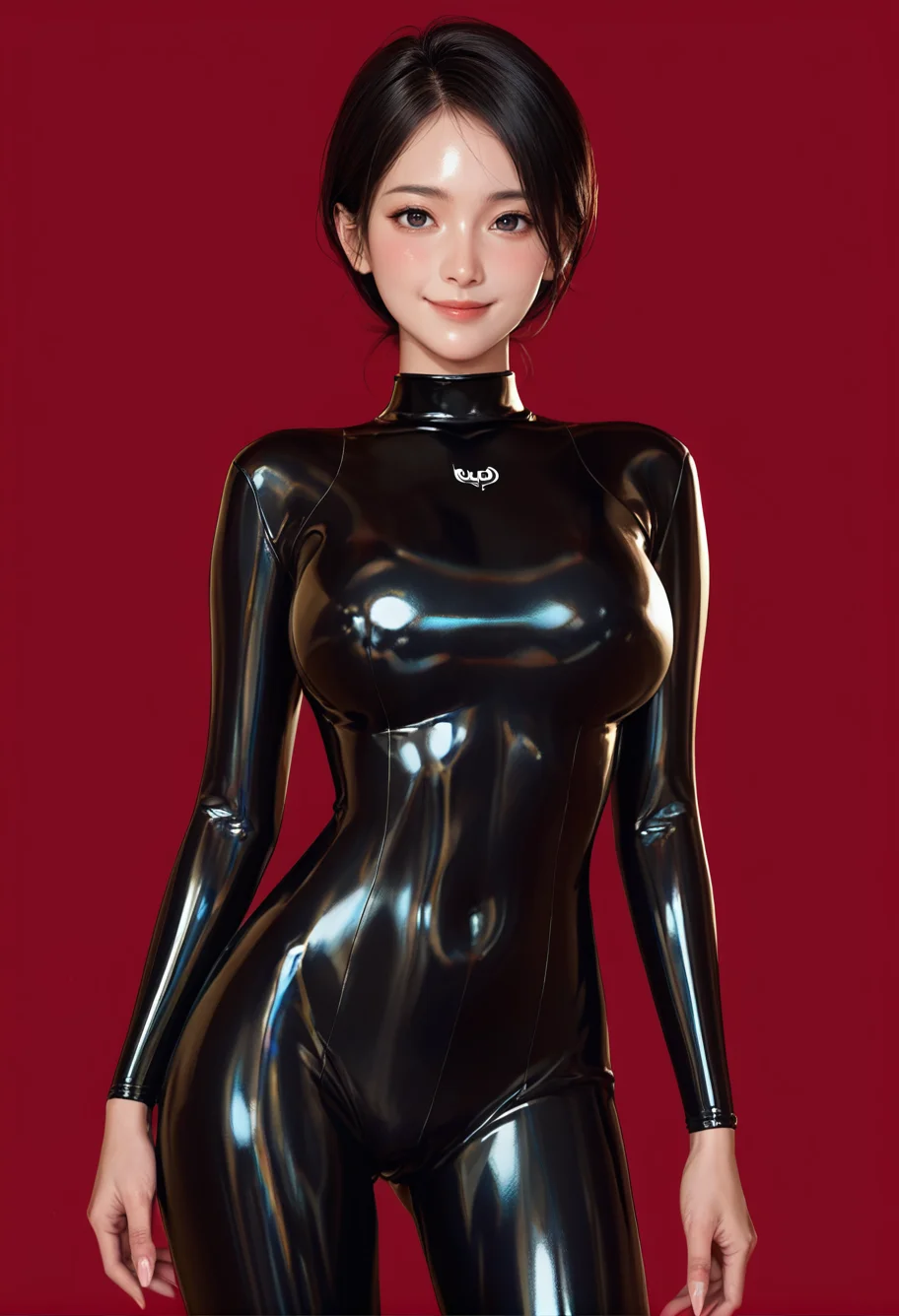1girl,cowboy shot,red background,,ruanyi1046,black bodysuit,shiny clothes,skin tight,<lora:1046 black bodysuit_v1_pony:1>, score_9, score_8_up, score_7_up, score_6_up, score_9, score_8_up, score_7_up, score_6_up source_anime, blush, 1girl, seduce smile, perfect body , natural huge breasts