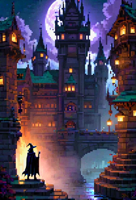 pixel-art. houtline, digital_art, (Best quality), standing, building,  hat, pillar, from_behind, a wizard  fighting a legendary chess boss, glowing, cape, fog, silhouette, full_body, outdoors, long_hair, night, 1boy, sky, (scenery),  holding_weapon, stairs, (monster), battle, facing_away, (boss_fight:1.2), cloak, hood, long_sleeves, arch, witch_hat, lamppost, ruins, gloves, sitting, science_fiction, dark, light, reflection, full_moon, floating, witch, bridge, hitodama, holding_sword, legendary_monster, coat, night_sky, (dutch_angle), (size_difference:1.4), street_view, street, glowing_eyes, light_rays, rain, motion_blur, motion_lines,  from_side, chess_(theme), tower_(theme), global illumination, radiant, chess, queen_chess_piece, Piece_monster, , boots, short_hair, railing, sign, ghost, crystal, wide_sleeves, pants, lights, skyscraper, red_eyes, walking, cloud, hooded_cloak, epic, staff, (statue), riding, creature, legs_apart, full_armor, castle, purple_lights, smoke, purple smoke, Aqua_(theme)