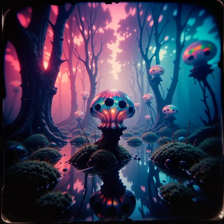 extremely detailed, golden ratio, very aesthetic, dramatic, strange and otherworldly scenery, award-winning pinhole photography, dim lighting, twilight, bioluminescence, subsurface scattering, the pint-sized "rainbow-colored rubyflobber" is a gelatinous, semi-translucent blobiform, often found perched on the spindly stalks of the glistening moist "fogweaver moss" in the mist-cloaked wetlands of the remote world "koldmoor quartus". each of the creature's crests is adorned with intricate frondal patterns that pulsate in mesmerizing chromoglowic displays. these tiny creatures feed on the microplumes of energy-rich vapors that rise from the wondrous moss itself, their gelatinous forms stretching and horgubeling with a surprising quadderbonused elasticity. the habitat, an endless sea of mist, shimmering mossy stalks, and ethereal, reflective dewbyglobules, creates an eerily serene, blunderworbling spectacle, detailed background, <lora:image_upgrade-flux-by_zeronwo7829:0.84> <lora:style-eldritch_pinhole_photography-flux-by_eldritchadam:0.8>