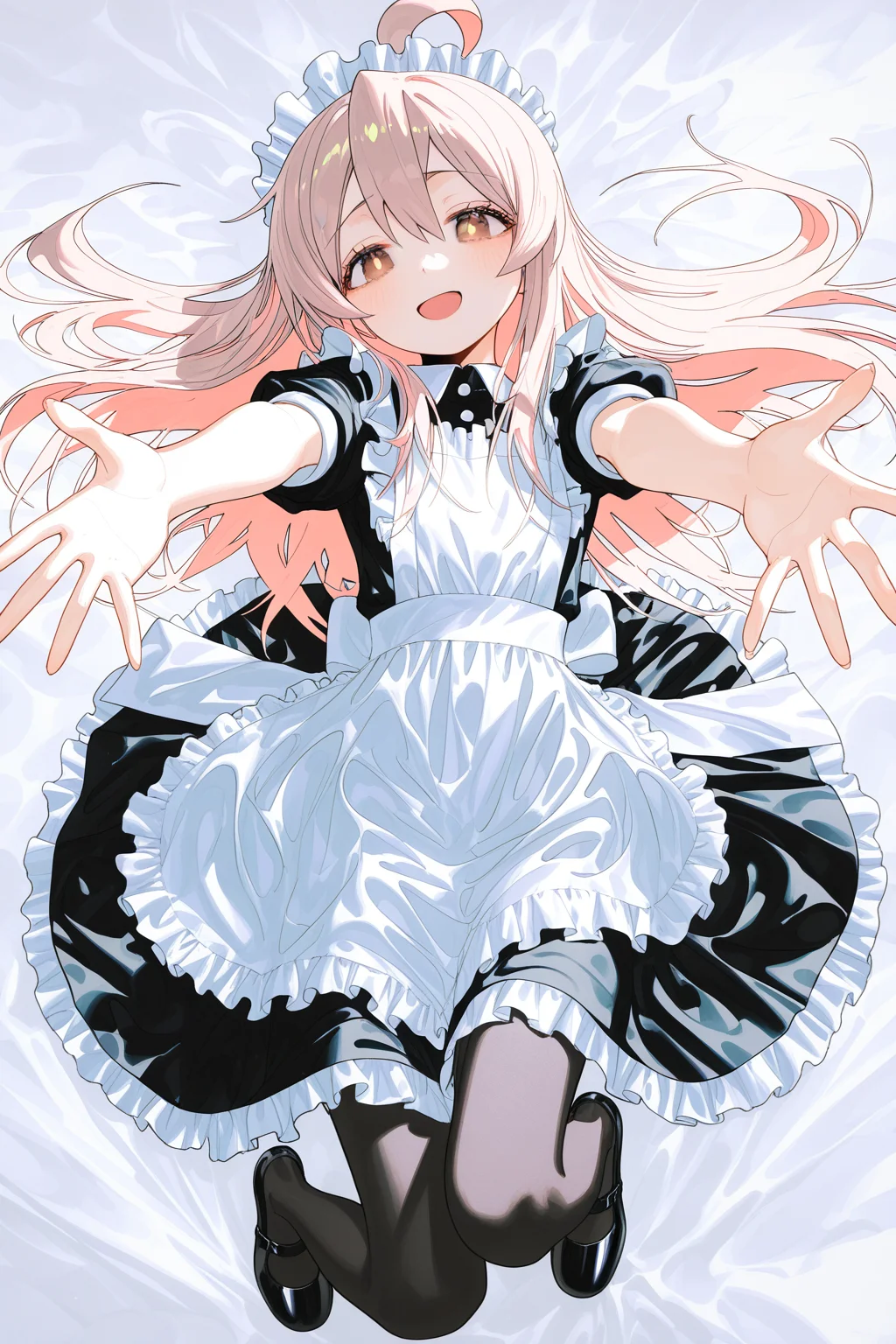 1girl, oyama mahiro, wanke, shiun \(siun 5513\), solo, long hair, maid, ahoge, brown eyes, lying, looking at viewer, smile, on back, pink hair, maid headdress, open mouth, short sleeves, apron, dress, outstretched arms, reaching, reaching towards viewer, maid apron, alternate costume, :d, shoes, frills, puffy sleeves, black dress, blush, black footwear, on bed, hair between eyes, full body, pantyhose, puffy short sleeves, mary janes, black pantyhose, bed sheet, white apron, bed, frilled apron, best quality, amazing quality, very aesthetic, absurdres, very awa