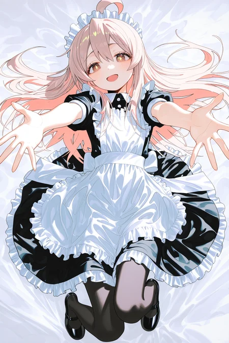 1girl, oyama mahiro, wanke, shiun \(siun 5513\), solo, long hair, maid, ahoge, brown eyes, lying, looking at viewer, smile, on back, pink hair, maid headdress, open mouth, short sleeves, apron, dress, outstretched arms, reaching, reaching towards viewer, maid apron, alternate costume, :d, shoes, frills, puffy sleeves, black dress, blush, black footwear, on bed, hair between eyes, full body, pantyhose, puffy short sleeves, mary janes, black pantyhose, bed sheet, white apron, bed, frilled apron, best quality, amazing quality, very aesthetic, absurdres, very awa