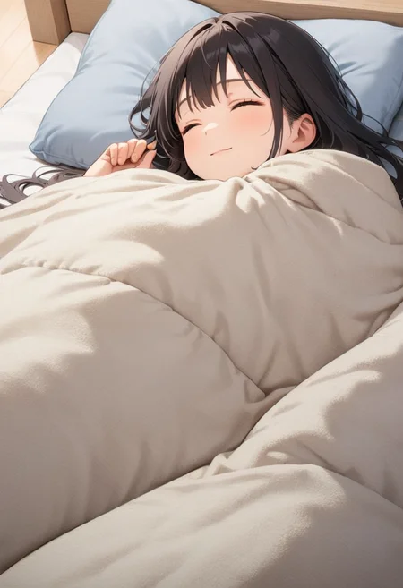 1girl, black hair, long hair, happy, light smile,
futon, pillow, closed eyes, bed, sleeping, lying, under covers, blanket,
masterpiece, best quality, ultra-detailed, illustration,
<lora:kakebuton_SDXL_V1:0.8>