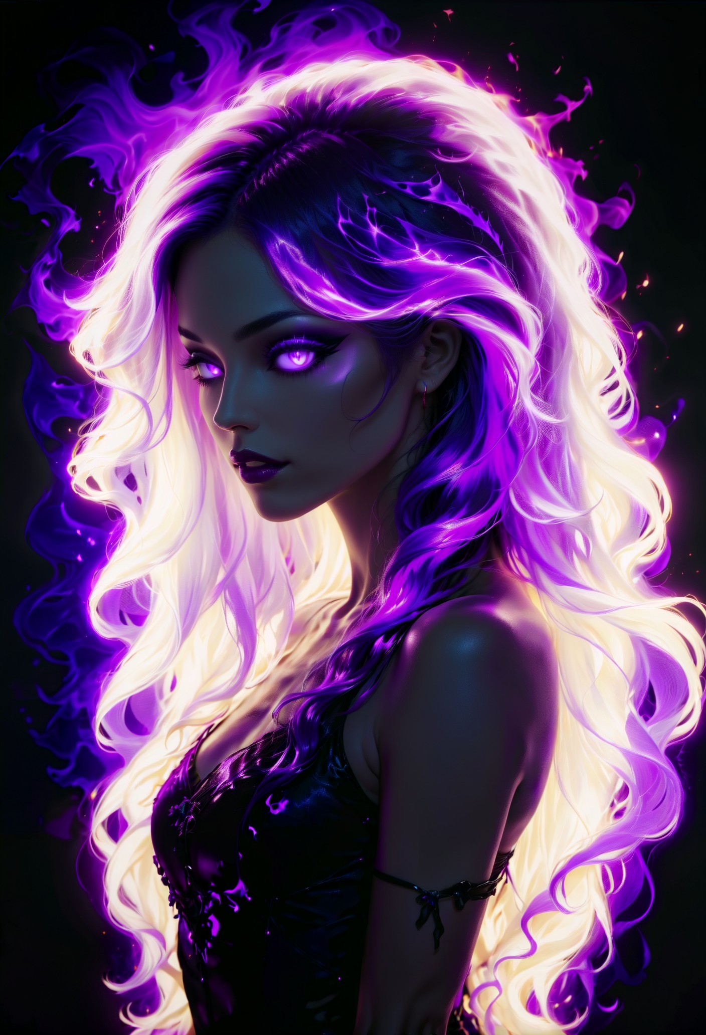 a pitch black setting with a silhoutte of a beautiful long haired woman lit up by a purple hue, magical, silhouette, purple theme, abstract, purple neon, beautiful, perfect anatomy, reflection, retraction, ephemeral, purple flame hair  <lora:sdxl\add-detail-xl> <lora:sdxl\xl_more_art-full_v1> <lora:sdxl\zavy-hrglw-sdxl:0.35>, zavy-hrglw, neon purple hair