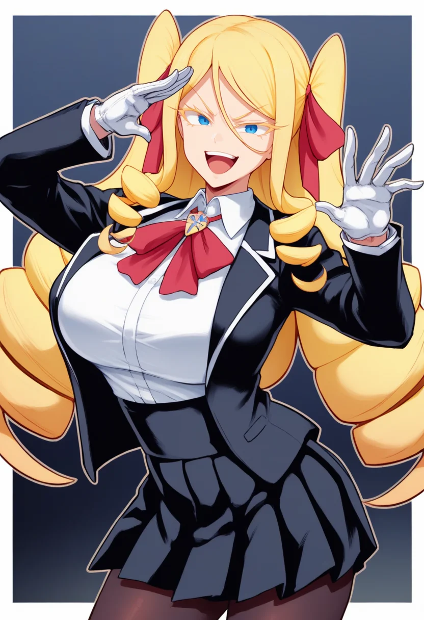 score_9, score_8_up, score_7_up, source_anime BREAK 1girl, solo, <lora:nanakovonmeinsfelt-jkt-richy-v1_pdxl:1> nanako, blue eyes, blonde hair, drill hair, long hair, large breasts, red bowtie, hair ribbon, red ribbon, school uniform, black jacket, white shirt, collared shirt, pleated skirt, black skirt, white gloves, pantyhose, ojou-sama pose, hand up, laughing, open mouth, smug, looking at viewer