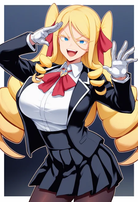 score_9, score_8_up, score_7_up, source_anime BREAK 1girl, solo, <lora:nanakovonmeinsfelt-jkt-richy-v1_pdxl:1> nanako, blue eyes, blonde hair, drill hair, long hair, large breasts, red bowtie, hair ribbon, red ribbon, school uniform, black jacket, white shirt, collared shirt, pleated skirt, black skirt, white gloves, pantyhose, ojou-sama pose, hand up, laughing, open mouth, smug, looking at viewer