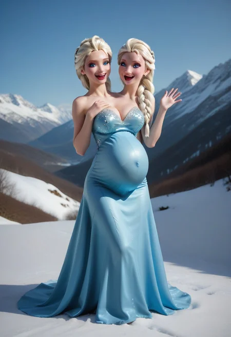 score_9, score_8_up, score_7_up, score_6_up, score_5_up, 
photograph, profile view, full body, looking at viewer, perfect face, perfect body, flawless face, conjoined, 2 heads, 2-headed, big breasts, perky breasts, pregnant, pregnant belly,
(photo of Elsa), light makeup, eye shadow, big eyes, 22-years-old, blonde hair, hair in braid, blue eyes, tight light blue evening gown with snowflakes on it, light blue heals, fit body, 1girl, smiling, 1girl, singing, sexy pose, masterpiece,
BREAK: ice palace in background, snow and ice on the top of a mountain, cinematic lighting, volumetric lighting,
