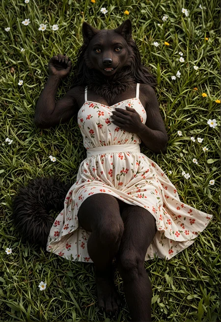 score_9, score_8_up, score_7_up, (source_furry, anthro, furry, thick fur, black fur, paws:1.3), wolf, tail, adult, woman, curvy, cute, laying on grass, looking at viewer, happy, sunny, wearing dress, highly detailed, film grain <lora:spo_sdxl_10ep_4k-data_lora_webui:1.0>