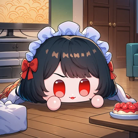 chibi, cube, objectification, <lora:WuwaCubeEvent_illusXLNoobAI_Incrs_v1-000011:1>, (solo), bob cut, swept bangs, black hair, red eyes, red lips, couch, resting, dessert, indoors, television, comfy, cozy, blanket, maid headdress, red bow