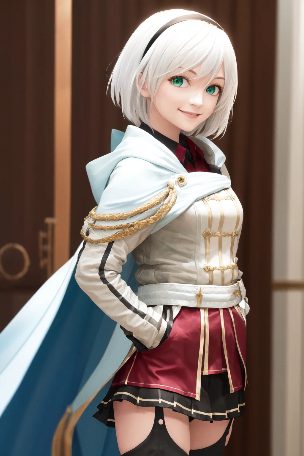 masterpiece, best quality, highres, 1girl amnesia green eyes short hair, white cape black skirt pleated skirt white jacket red shirt garter straps black thighhighs thigh boots <lora:amnesia:1> standing, smile, (hands in pocket : 1.6), (photorealistic:1.4)