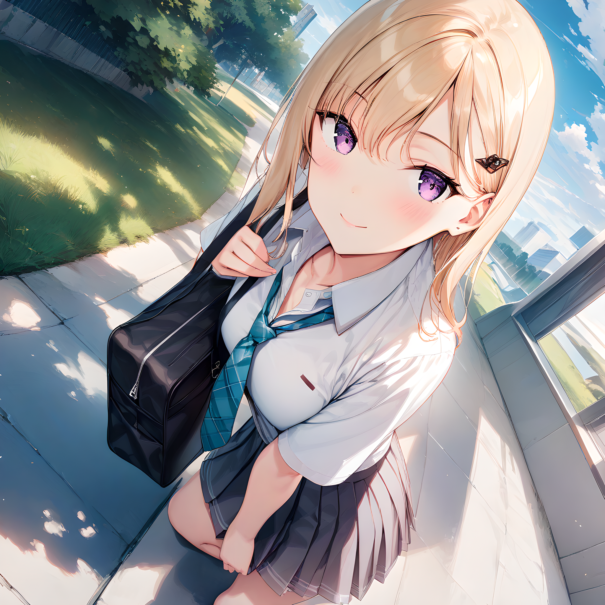 (masterpiece),(best quality),(ultra-detailed),(best illustration),(best shadow),(absurdres),(detailed background),(very aesthetic), ayase_saki, 1girl, solo, skirt, necktie, outdoors, blonde hair, sky, shirt, school uniform, pleated skirt, cloud, hair ornament, day, bag, white shirt , purple eyes, smile, <lora:XL-AyaseSaki:1>