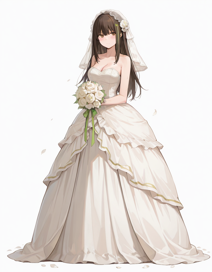 Volumetric Lighting, (masterpiece), (best quality), (ultra-detailed), masterpiece, source_anime, score_9, score_8_up, score_7_up BREAK, illustration, disheveled hair, detailed eyes, perfect composition, moist skin, intricate details BREAK, M4A1, source_anime, score_9, score_8_up, score_7_up, black hair, golden eyes, 1girl, solo, long hair, looking at viewer, blush, simple background, hair ornament, white background, dress, cleavage, bare shoulders, medium breasts, standing, full body, flower, hair flower, white dress, petals, strapless, veil, strapless dress, bouquet, wedding dress, long dress, bridal veil, holding bouquet