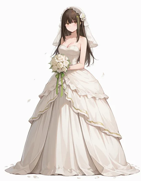 Volumetric Lighting, (masterpiece), (best quality), (ultra-detailed), masterpiece, source_anime, score_9, score_8_up, score_7_up BREAK, illustration, disheveled hair, detailed eyes, perfect composition, moist skin, intricate details BREAK, M4A1, source_anime, score_9, score_8_up, score_7_up, black hair, golden eyes, 1girl, solo, long hair, looking at viewer, blush, simple background, hair ornament, white background, dress, cleavage, bare shoulders, medium breasts, standing, full body, flower, hair flower, white dress, petals, strapless, veil, strapless dress, bouquet, wedding dress, long dress, bridal veil, holding bouquet