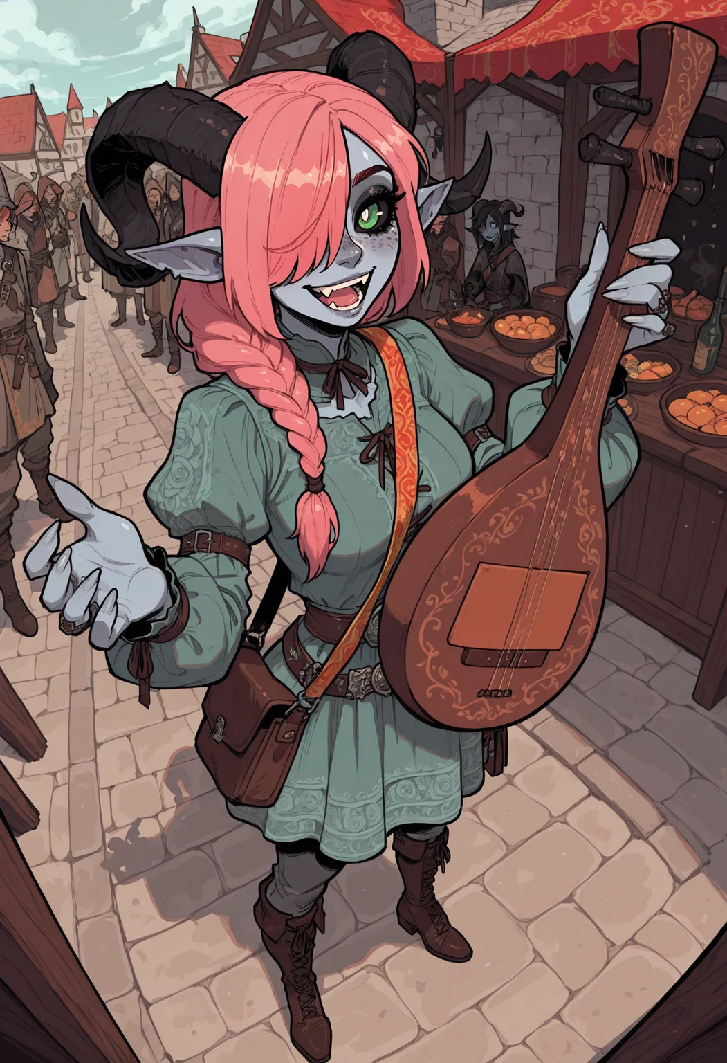 score_9, score_8_up, score_7_up, masterpiece, best quality, very aesthetic, 1woman, incoth, (incase:0.6), detailed face, (dynamic:1), green eyes, white pupils, black sclera, single braided hair, pink hair, hair over one eye, grey blue skin, tiefling, curled horns, subtle makeup, (medieval market background:1.2), (medieval fair:1.2), bright smile, fangs, joy, happy, singing, bard, playing lute, lute in hand, velvet tunic, embroidered cloak, leather boots, lute, colorful sash, puffy sleeves, ornate belt, medieval attire, fantasy bard, rings, patterned fabrics, travel gear, shoulder bag, enchanted accessories, <lora:Rapscallion_Illustrious:0.35> Rapscallionstyle, <lora:incoth:0.25> incoth, (incase:0.6), <lora:r17329_illu:0.35> r17329_illu, <lora:ck-shadow-circuit-IL:0.4> in the style of cksc, <lora:perspective:0.65> perspective, dailight, summer time, playing for crowd, freckles